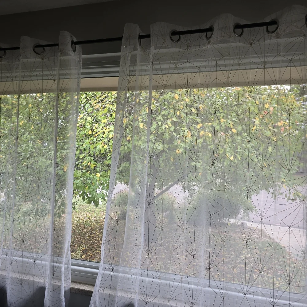 White Sheer Curtains With Gold Foil Geometric Pattern H63
